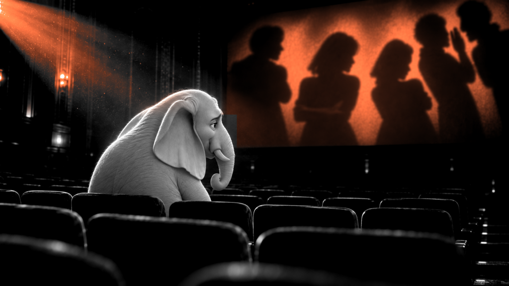Schwarz-Weiß-Bild: Hugo, der weiße Elefant, sitzt traurig allein in einem leeren Kinosaal. Auf der orange leuchtenden Leinwand sind Schatten von tuschelnden Menschen zu sehen, sein Kopfkino.