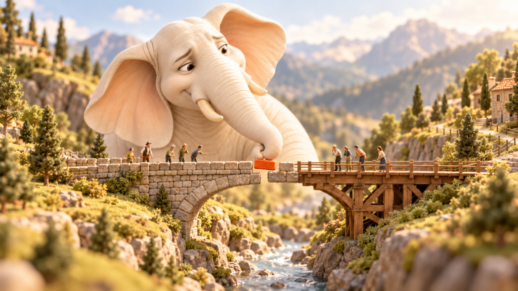 Miniaturlandschaft im Sonnenlicht: Eine Steinbrücke und eine Holzbrücke treffen sich über einer Schlucht, auf beiden Seiten stehen winzige Figuren. Hugo, der weiße Elefant, setzt wie ein freundlicher Riese einen orangen Stein in die Lücke.