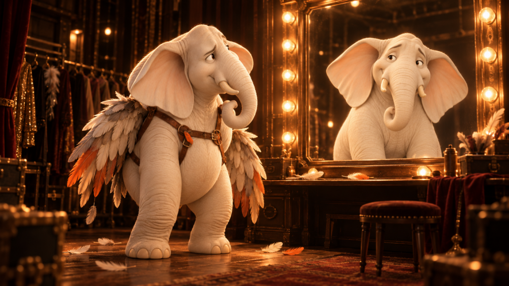 Hugo, der weiße Elefant, steht in einer Theatergarderobe in einem schlecht sitzenden Adlerkostüm vor einem Schminkspiegel, in dem er sich ohne Kostüm sieht