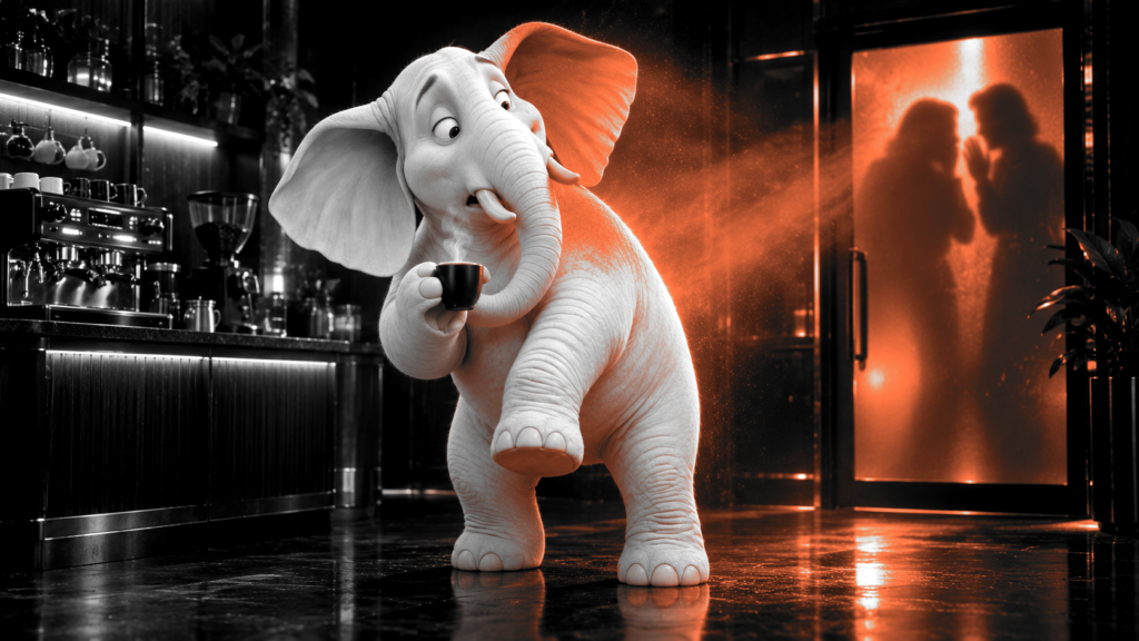 Schwarz-Weiß-Bild: Hugo, der weiße Elefant, steht mit einer Tasse in der Kaffeeküche und lauscht überrascht. Hinter einer Milchglastür tuscheln zwei Silhouetten, orangefarbenes Licht zieht zu ihm herüber und färbt sein Ohr und seinen Rücken orange.