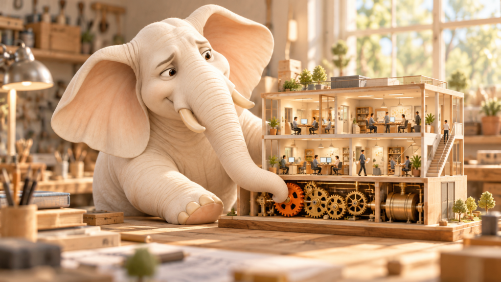 Werkstatt bei Tageslicht: Auf einer Werkbank steht ein aufgeschnittenes Bürogebäude als Modell mit winzigen Menschen an Schreibtischen und einem Räderwerk im Keller. Hugo, der weiße Elefant, berührt mit dem Rüssel ein oranges Zahnrad.