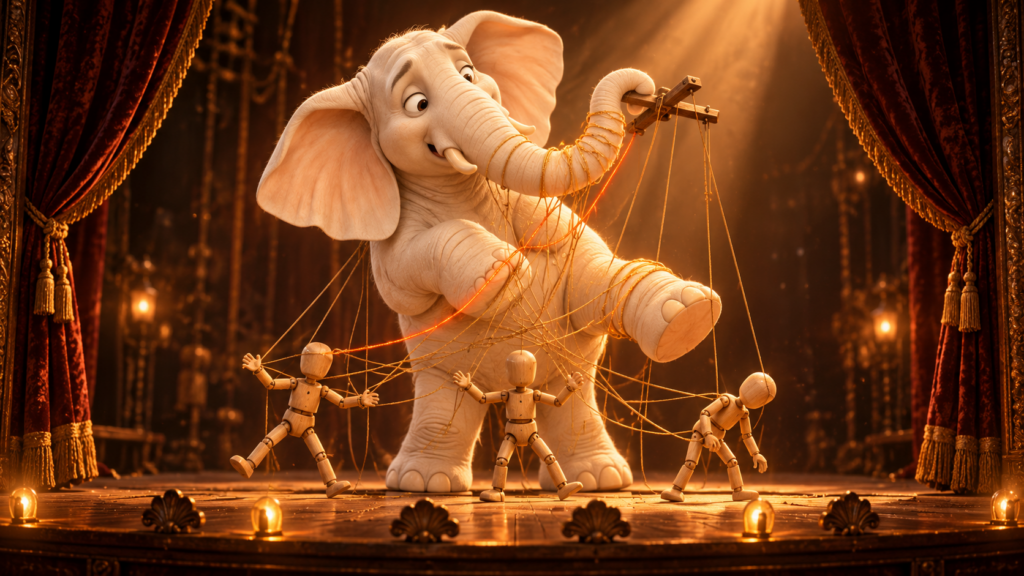 Hugo, der weiße Elefant, steht als Marionettenspieler auf einer Theaterbühne und hat sich in den Fäden seiner Holzpuppen selbst verheddert